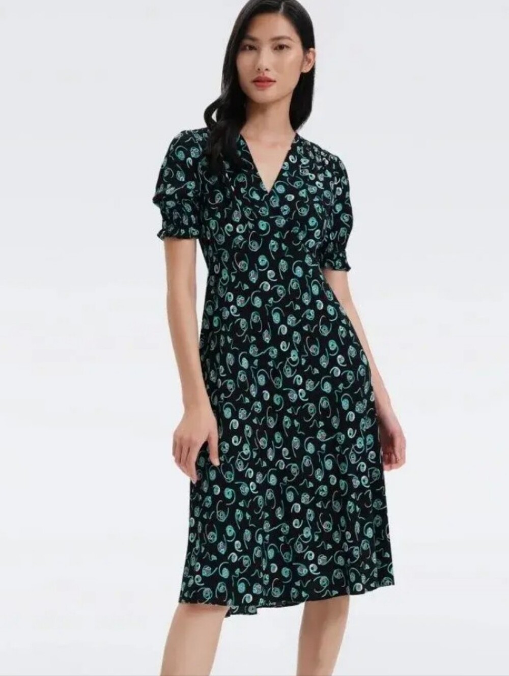 Diane Von Furstenberg Jemma Dress Fiddleheads Black Aqua Pink V Neck L